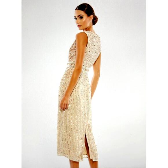 Mac Duggal Sleeveless High Neck Beaded Sheath Dress Nude 4 - Picture 2 of 14